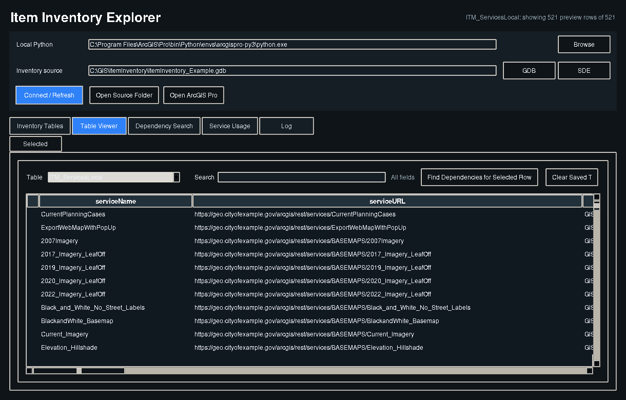 Table viewer with search across every inventory table.