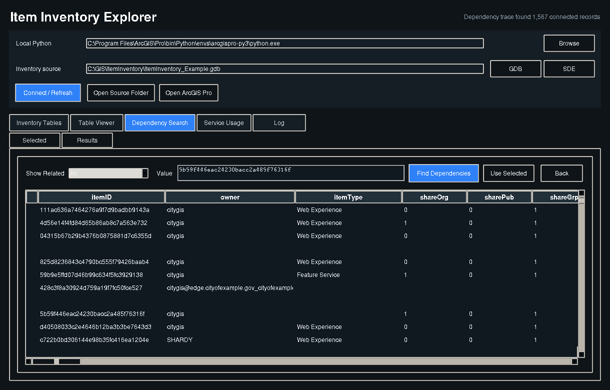 Item Inventory Explorer tracing 1,567 dependencies for one service