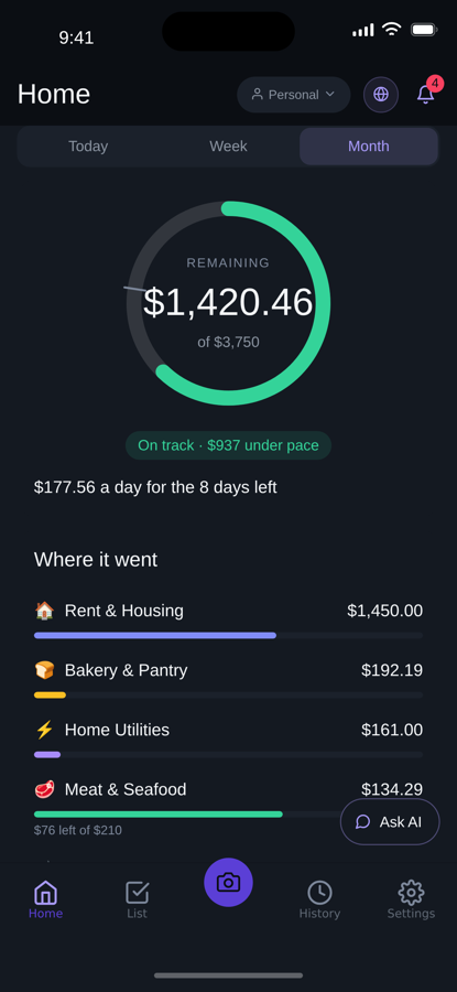 PennyRoost home screen with monthly budget